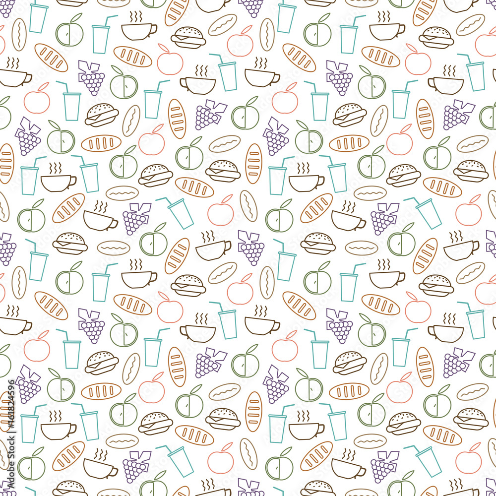 Food and drinks seamless pattern design - seamless texture with burger, drinks, bread and fruits line icons