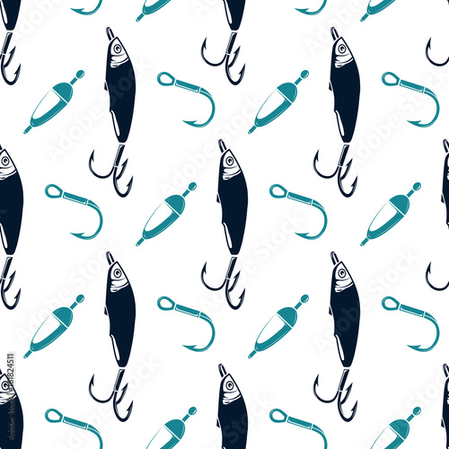 Fishing seamless pattern with spoon-bait and hook