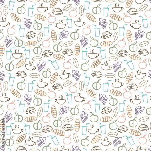 Food and drinks seamless pattern design - seamless texture with burger  drinks  bread and fruits line icons