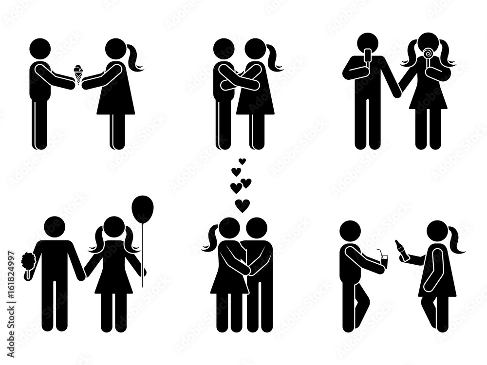 Stick figure different romantic position set. Vector illustration of