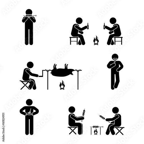 Stick figure picnic set. Vector illustration of barbecue position pictogram