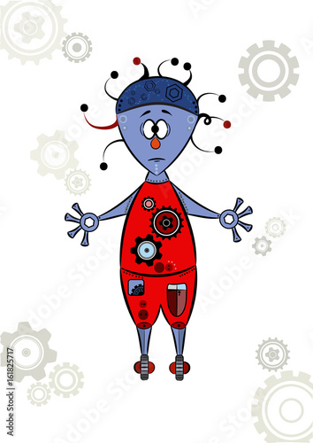 Vector cartoon robot with gears on the red overall and hat with color antennas