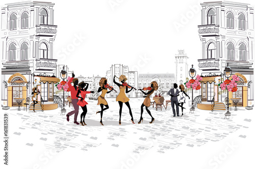 Series of the streets with musicians and dancing couples in the old city. Hand drawn vector illustration with retro buildings. photo