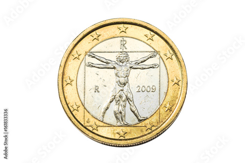 Italian coin of one euro closeup with symbol: Vitruviano man of Leonardo da Vinci from Italy. Isolated on white studio background. photo
