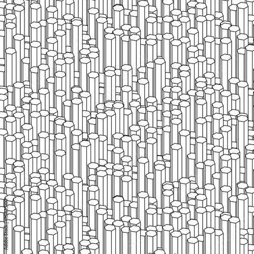 Abstract geometric black and white ornament generated by isometric random hexagonal prisms