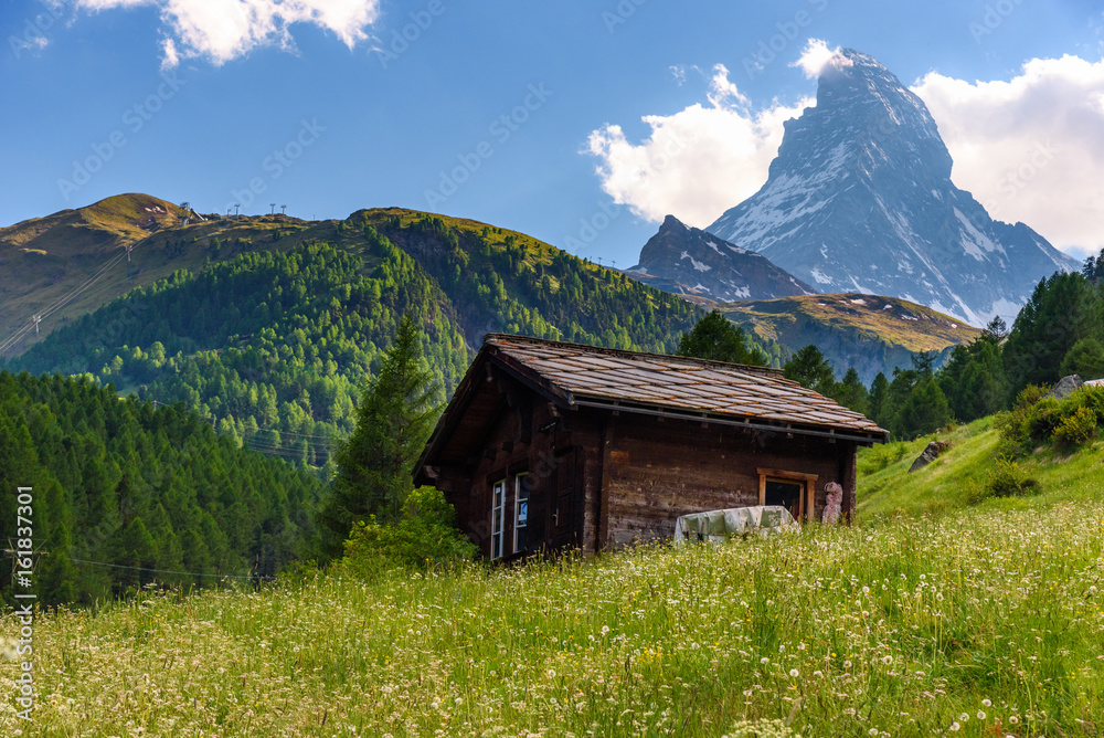 Swiss wooden house with the Matterhorn in background in Zermatt, Switzerland