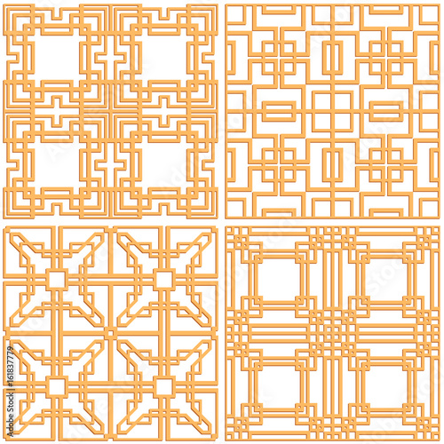 Laser cutting set. Woodcut vector Art Deco panels. Plywood lasercut geometric design. Square seamless patterns for printing, engraving, paper cutting. Stencil lattice ornaments.