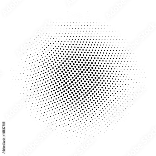 Black abstract halftone circle made of dots in radial arrangement on white background. Vector illustration.