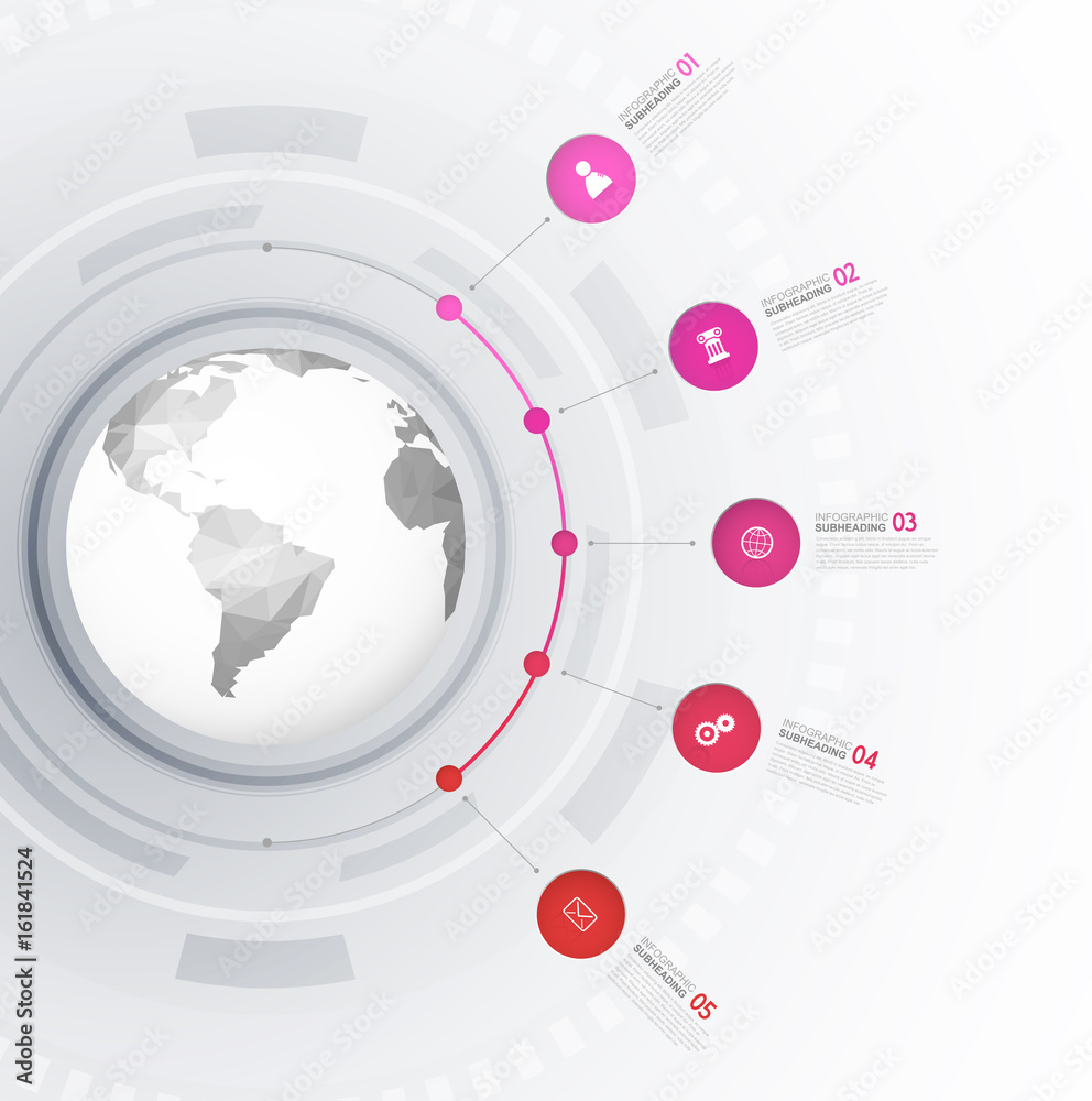 Infographic template with five circles and icons line up beside polygonal map - light version. Infographic template with five circles and icons line up beside polygonal map - light version.