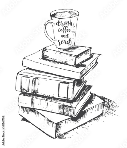 Vector sketch drawing with cup and books. Drink and read. Vector sketch illustration