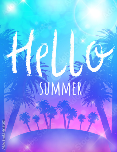 Summer poster with palm and lettering. Hello summer. Vector template for party invitation