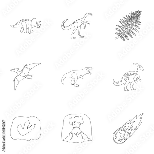 Ancient extinct animals and their tracks and remains. Dinosaurs, tyrannosaurs, pnictosaurs.Dinisaurs and prehistorical icon in set collection on outline style vector symbol stock illustration.