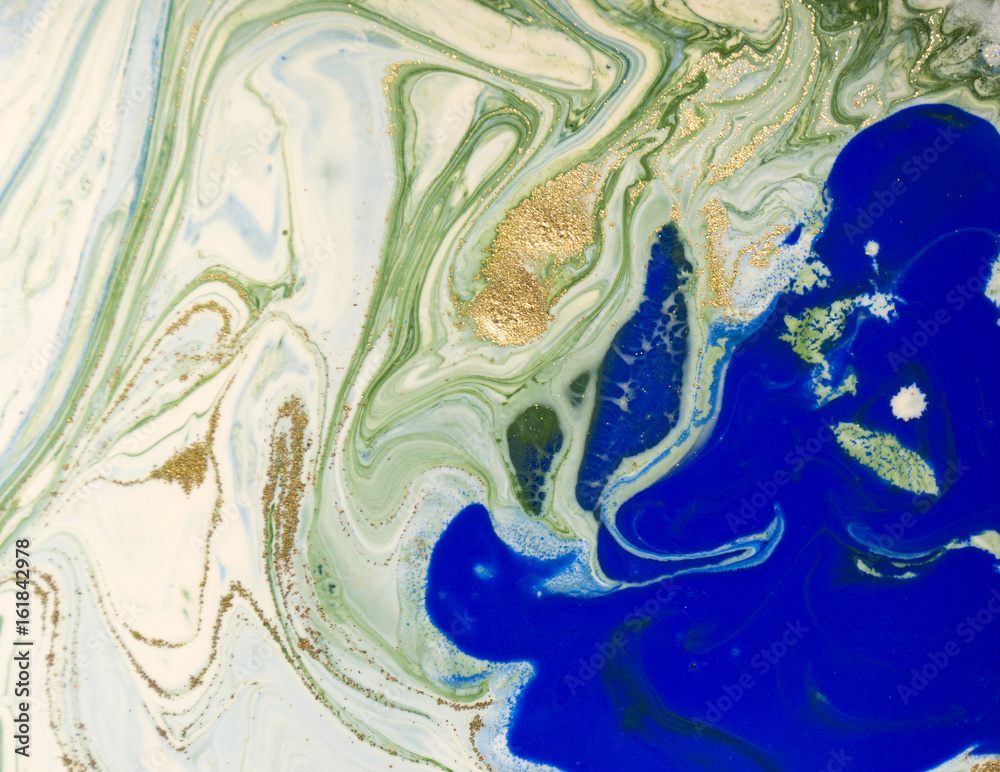 Fototapeta premium Marbled blue, green and gold abstract background. Liquid marble pattern.