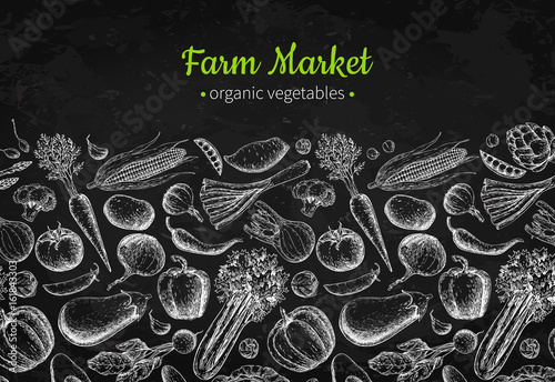 Vegetable hand drawn vintage vector illustration. Farm Market poster. Vegetarian set of organic products.