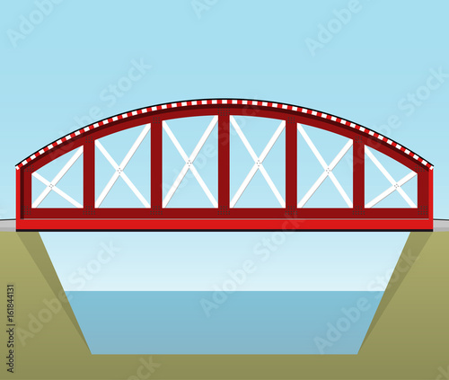 Red vector train bridge in side view and isolated on white background. Industrial 2d transportation building. Metallic bridge architecture. Railway bridge. Assembled riveted bridge construction.