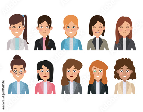 white background of colorful half body set of multiple women characters for business