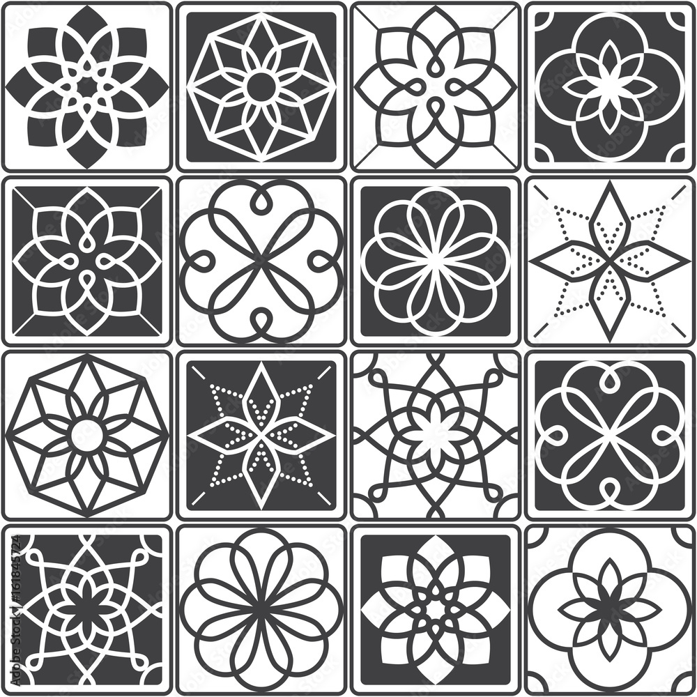 Portuguese Azulejo tiles design, seamless geometric patterns collection in dark grey Portuguese Azulejo tiles design, seamless geometric patterns collection in dark grey