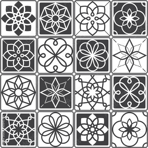 Portuguese Azulejo tiles design, seamless geometric patterns collection in dark grey