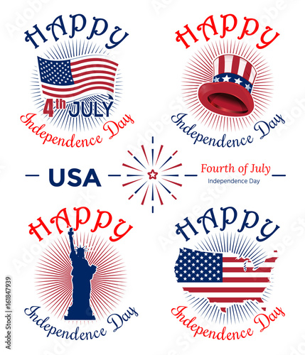US Independence Day banner set. Fourth of July. Festive design. Celebratory icon collection and greeting inscriptions for 4th of July. Vector illustration