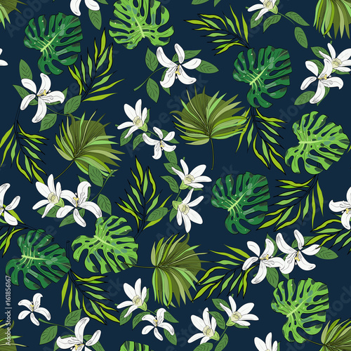 Seamless vector pattern of hand drawn flowers and leaves. Tropical background.