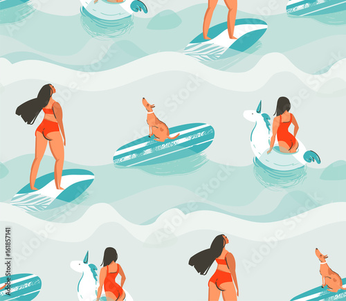 Hand drawn vector abstract fun summer time fabric seamless pattern with surfer girls,swimming unicorn circle,cute dog on surfboard isolated on blue water waves background