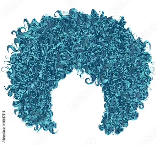 trendy curly blue hair . realistic 3d . spherical hairstyle . fashion beauty style .