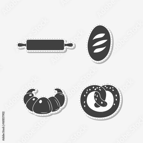 Set of hand drawn stickers with pretzel, croissant, rolling pin and bread. Templates for design or brand identity