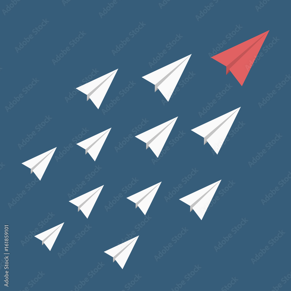 Leadership, stand out of the crowd concept. Red paper airplane as a leader among others white Leadership, stand out of the crowd concept. Red paper airplane as a leader among others white