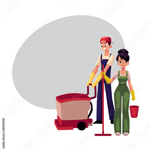 Service workers in overalls, girl with mop and bucket, man, boy using floor cleaning machine, cartoon vector illustration with space for text. Cleaning service workers washing the floor