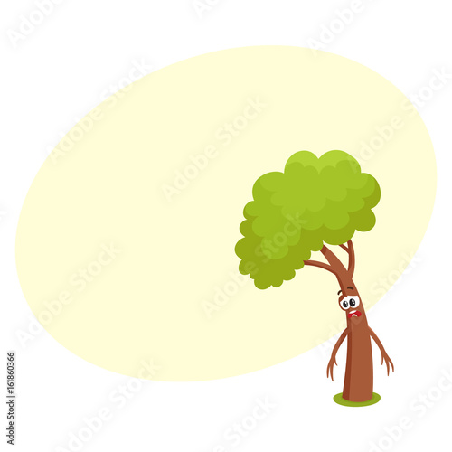 Funny comic tree character feeling sad, upset, discouraged, showing despair, cartoon vector illustration with space for text. Funny tree character, mascot with human face, feeling sad, upset