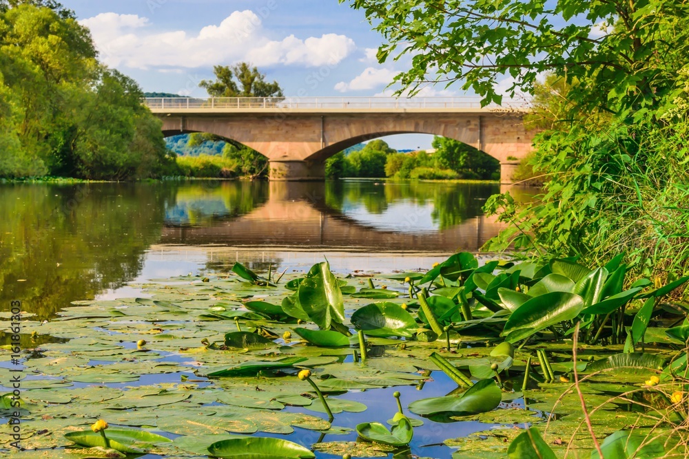 Fototapeta premium The old Lahn bridge of the Bundesstrasse B3 near Marburg.