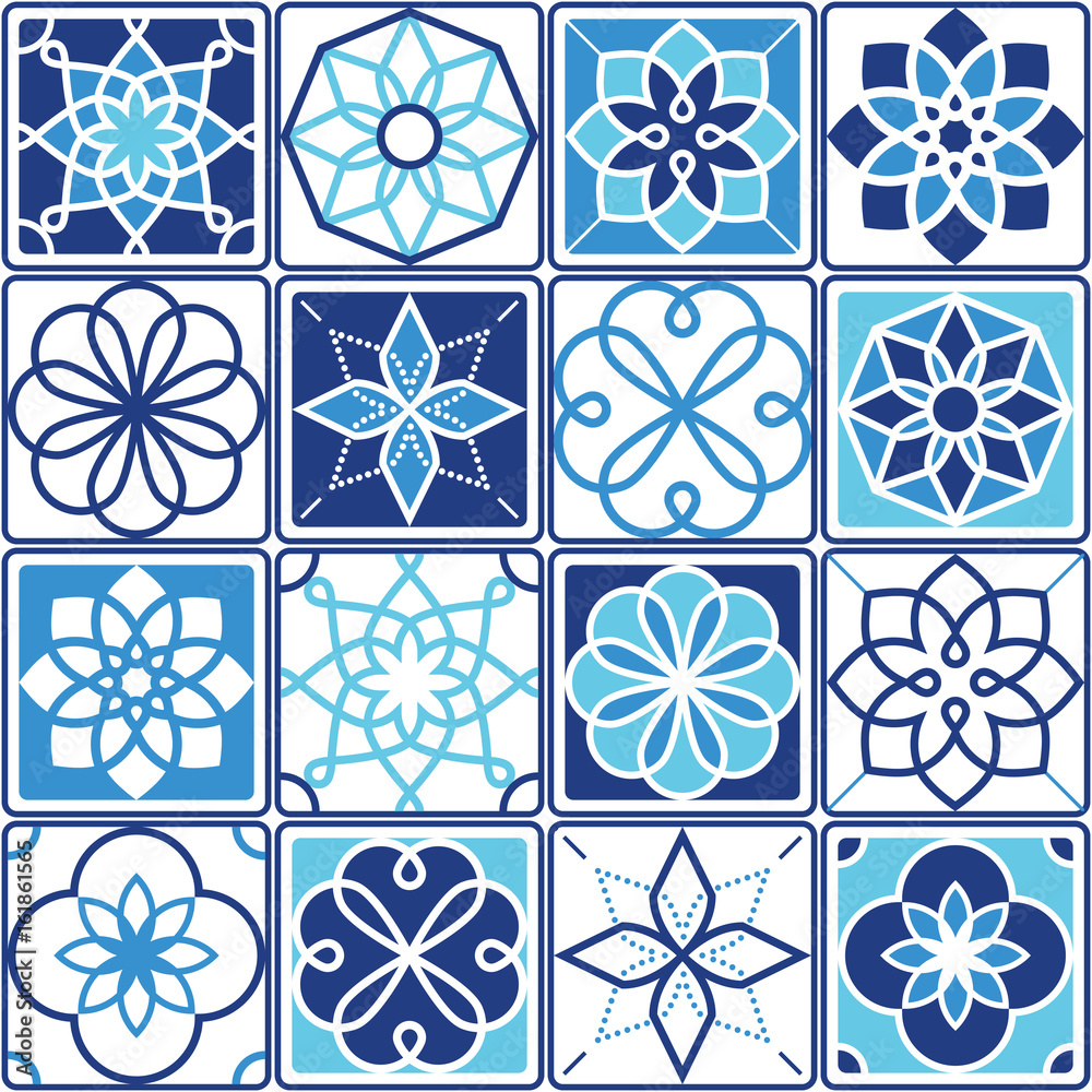 Portuguese Azulejo tiles design, seamless geometric patterns collection in navy blue and turquoise
Portuguese Azulejo tiles design, seamless geometric patterns collection in navy blue and turquoise
