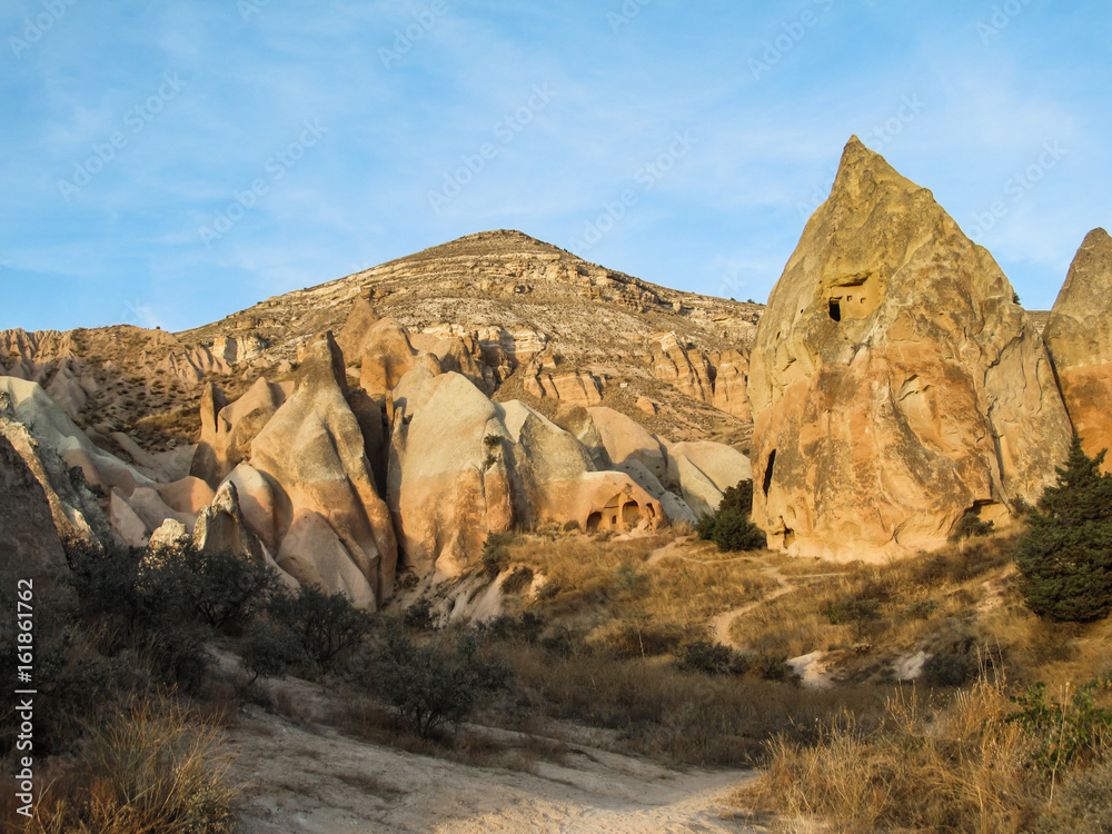 Beautiful rock formations in the sunset light in Cappadocia