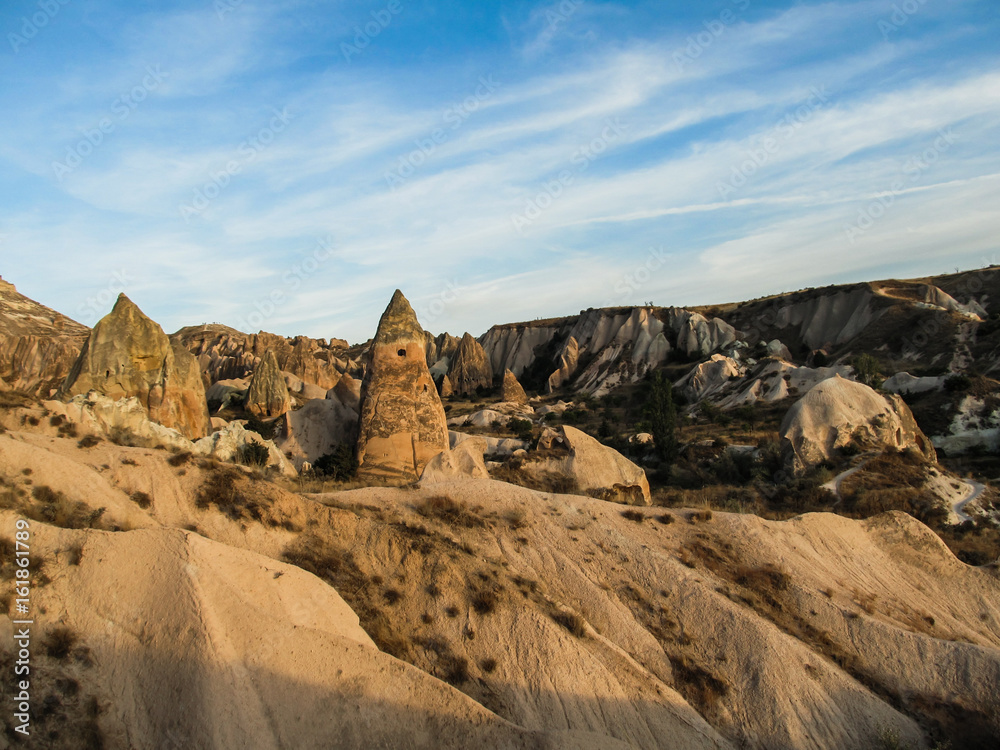 Beautiful rock formations in the sunset light in Cappadocia