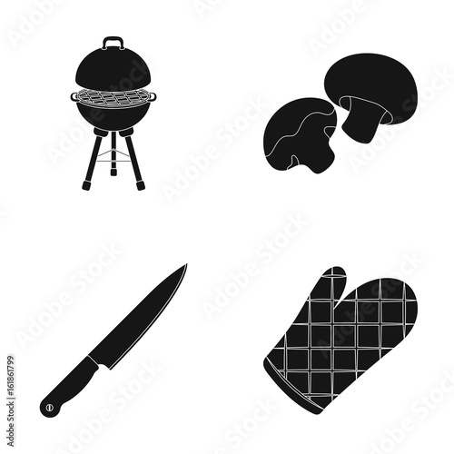 Barbeque grill, champignons, knife, barbecue mitten.BBQ set collection icons in black style vector symbol stock illustration,web