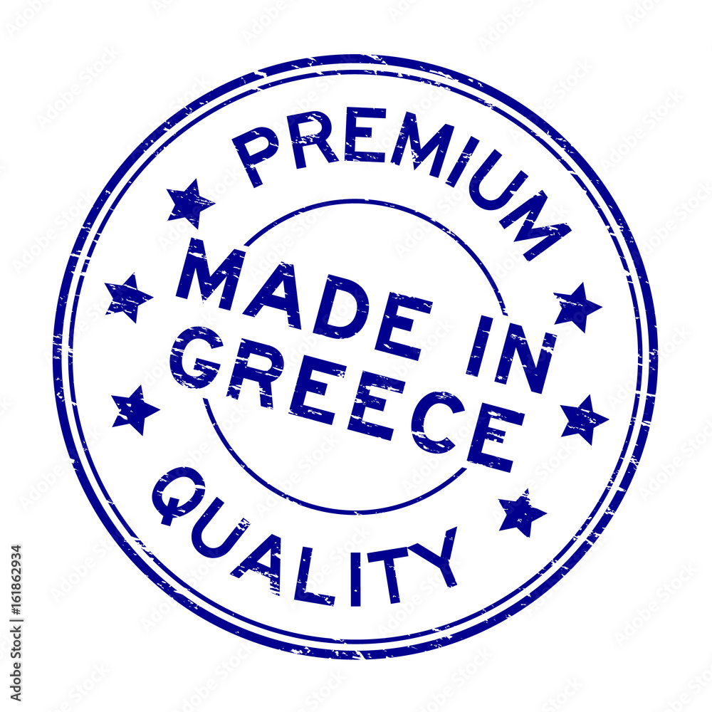 Grunge blue premium quality made in Greece round rubber seal stamp on white background Grunge blue premium quality made in Greece round rubber seal stamp on white background