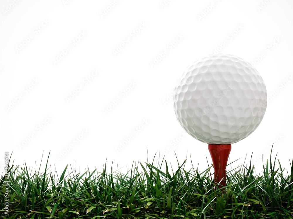 3D Rendering Golf ball with red tee in the grass on white background 3D Rendering Golf ball with red tee in the grass on white background