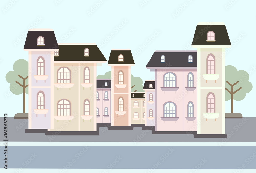 Urban landscape with buildings and trees. City vector illustration.