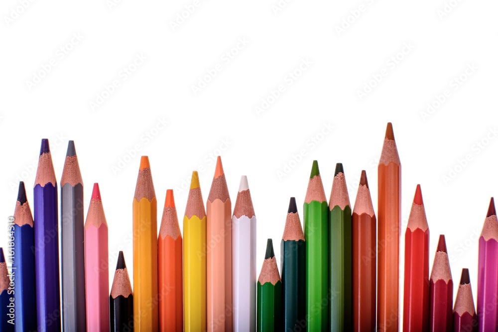 Many colored pencils isolated on white background, place for text Many colored pencils isolated on white background, place for text