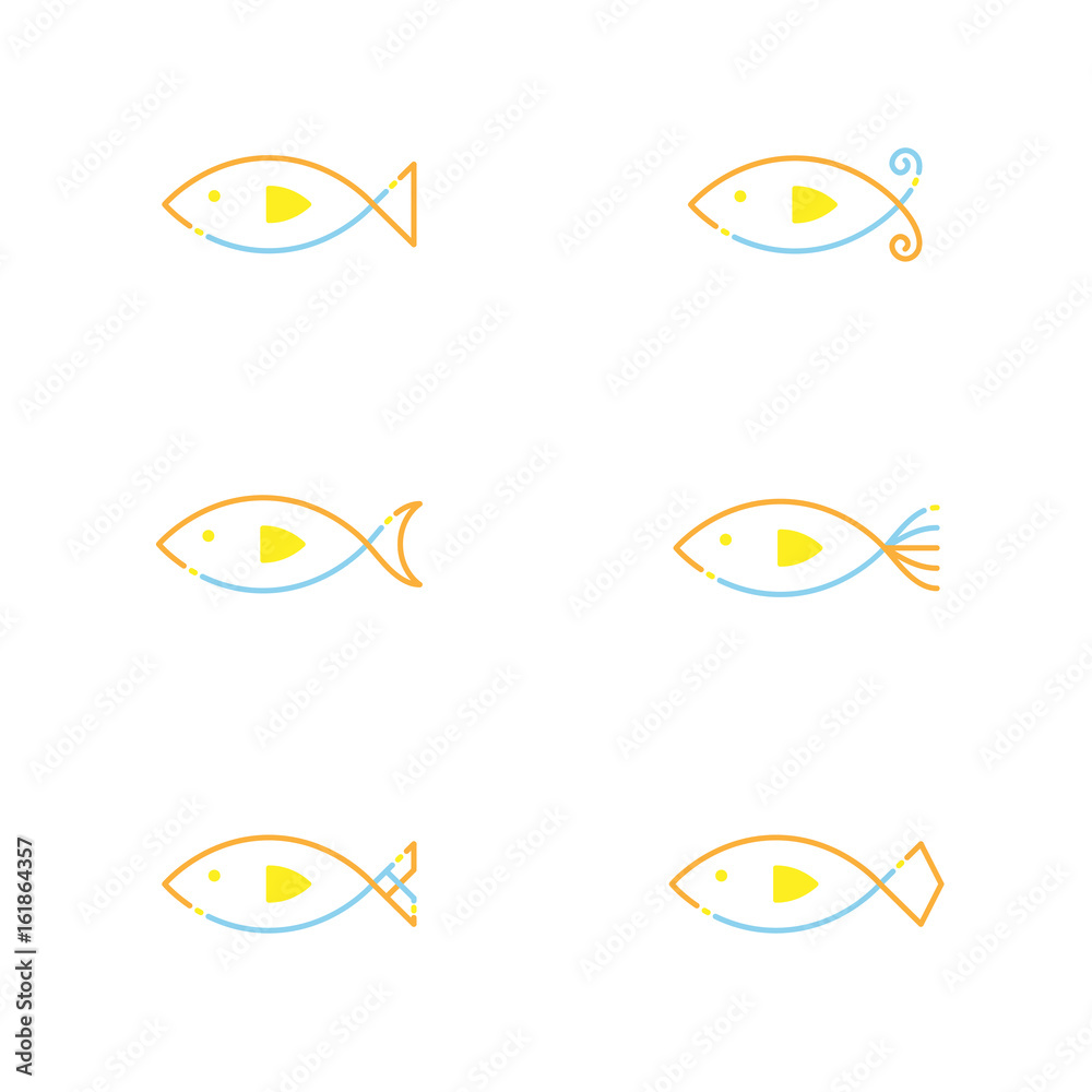 Fish icon outline stroke set dash line design illustration orange yellow and blue color isolated on white background, vector eps10