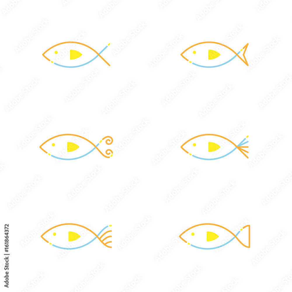 Fish icon outline stroke set dash line design illustration orange yellow and blue color isolated on white background, vector eps10 Fish icon outline stroke set dash line design illustration orange yellow and blue color isolated on white background, vector eps10