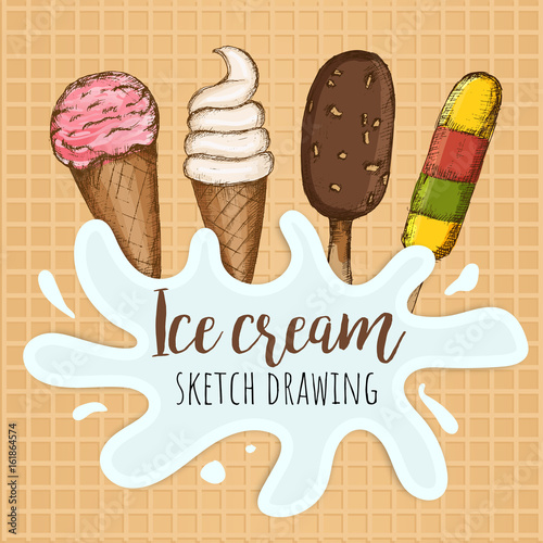 Ice cream poster design. Vector sketch drawing ice cream. Milk spray and waffle background