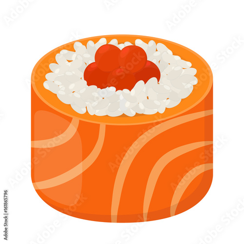Sushi roll - tasty food. Raw fish, caviar, rice. Flat style