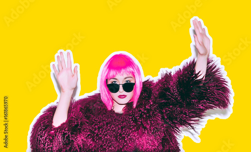 Acid crazy hot beautiful rock Girl in bright pink wig and sunglasses in lama leather swag style red fur winter coat. Dangerous rocky tired of party bored woman Ironically having fun.