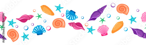 Fotografia Banner with hand drawn seashells and starfishes forming a wave