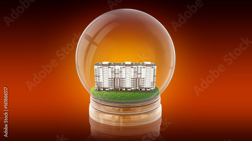 Transparent sphere ball with modern partment house inside. 3D rendering. photo