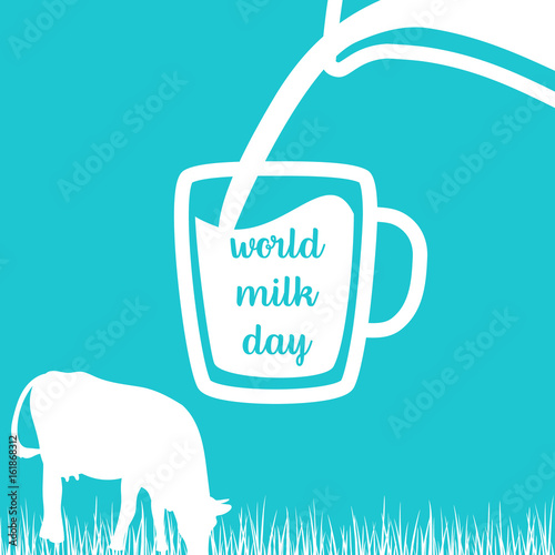 World milk day Cow, Milk pouring from a jar in cup, silhouettes on Blue background. photo