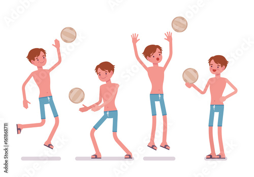 Man in blue swim trunk shorts, playing beach volleyball