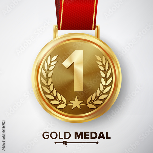Gold Medal Vector. Metal Realistic First Placement Achievement. Round Medal With Red Ribbon, Relief Detail Of Laurel Wreath And Star. Competition Game Golden Achievement. Winner Trophy Award