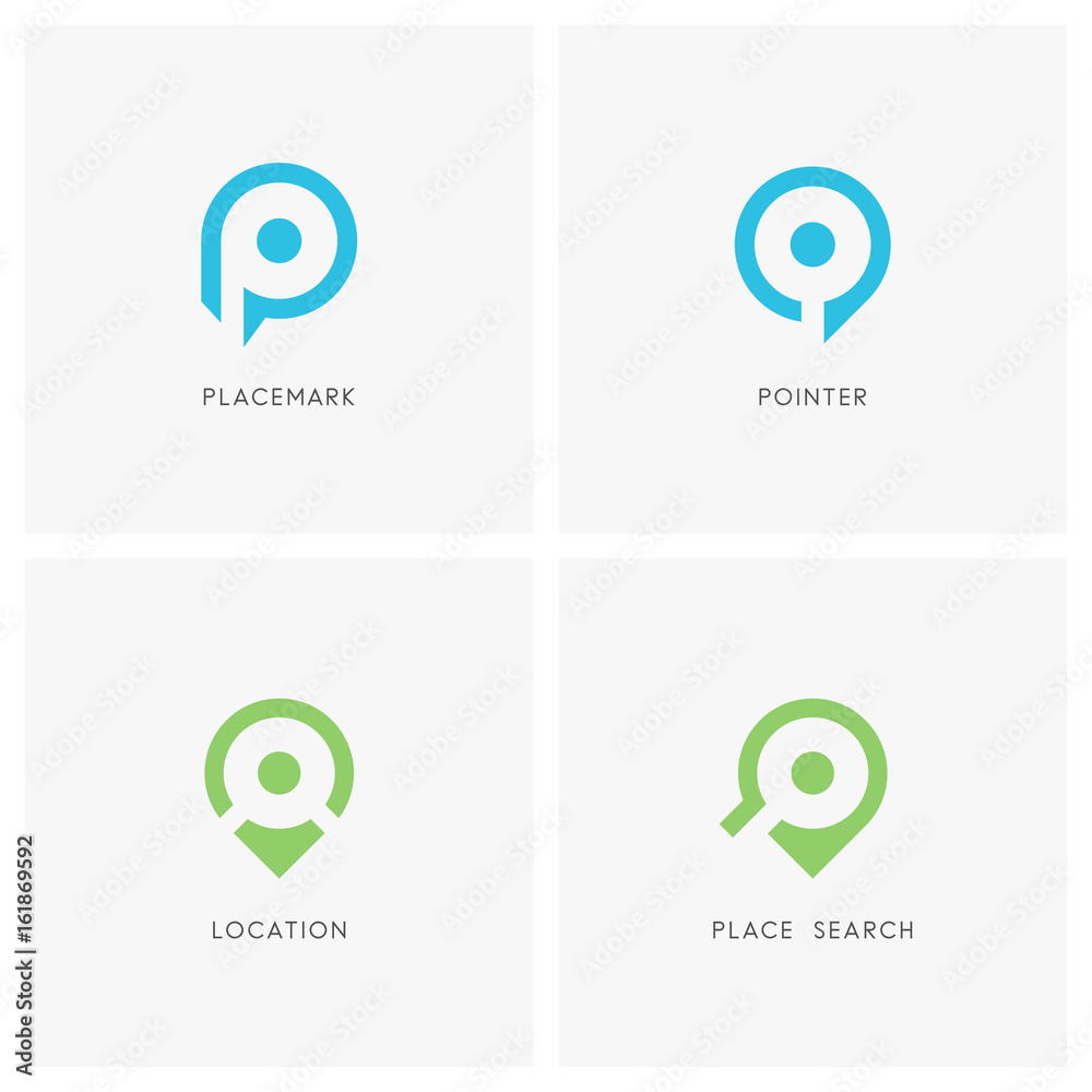 Placemark pointer logo set. Address symbol and place search sign - location, destination and navigation icons. Placemark pointer logo set. Address symbol and place search sign - location, destination and navigation icons.